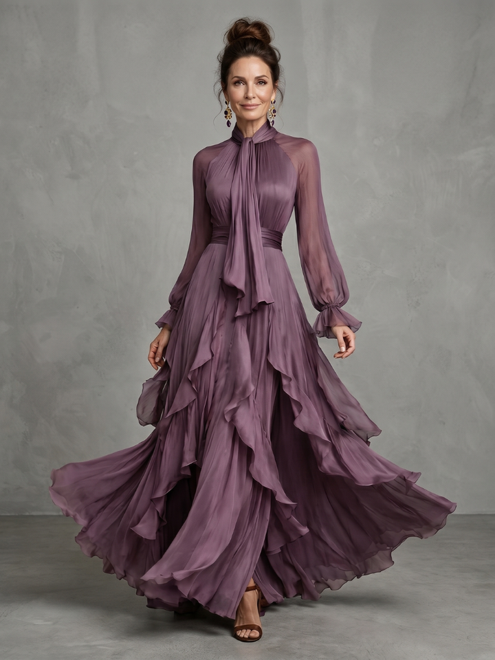 Demetria | Abito Maxi con Collo a Fiocco e Righe a Balze