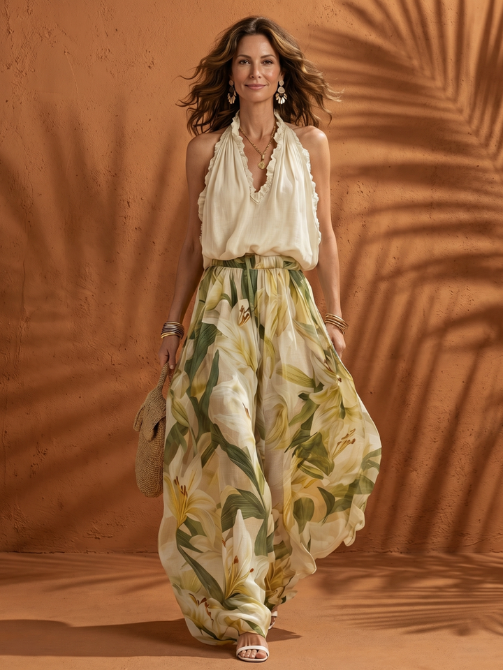 Solange | Blusa con Collo Halter e Pantaloni a Gamba Larga Floreali