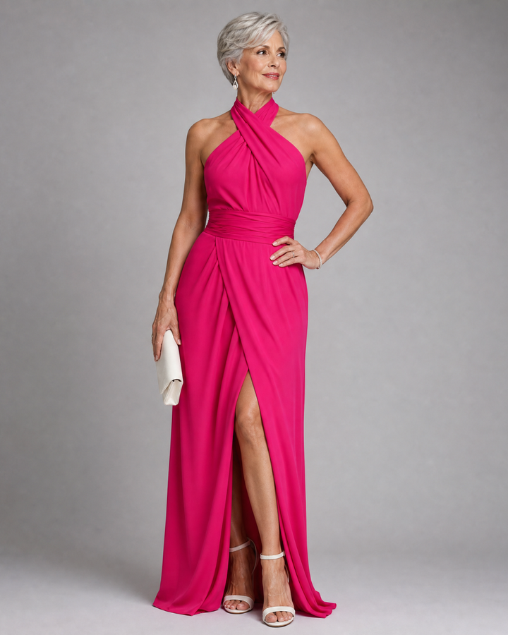 Vaelora | Abito Midi con Halter Incrociato e Spacco Laterale