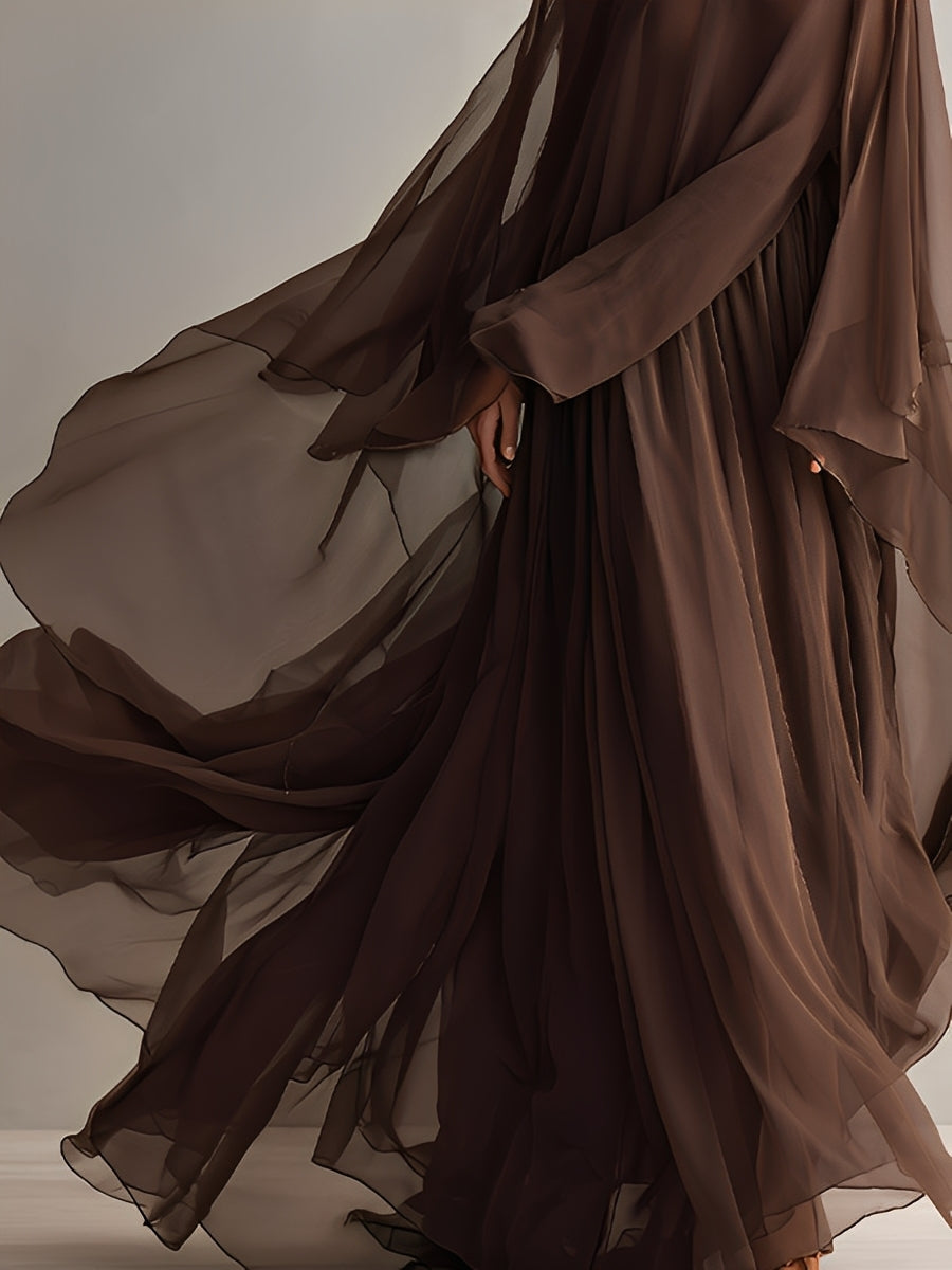 Robe en Chiffon Brun Riche pour Femmes avec Silhouette Maxi Flottante et Design de Cape, Style Élégant et Glamour Moderne