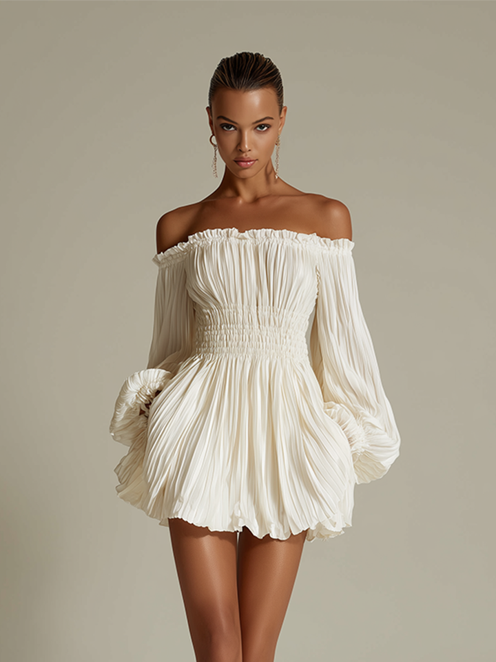 Robe Plissée Ivoire Pour Femme Avec Encolure Bardot & Taille Froncée, Robe Élégante Sexy Intemporelle