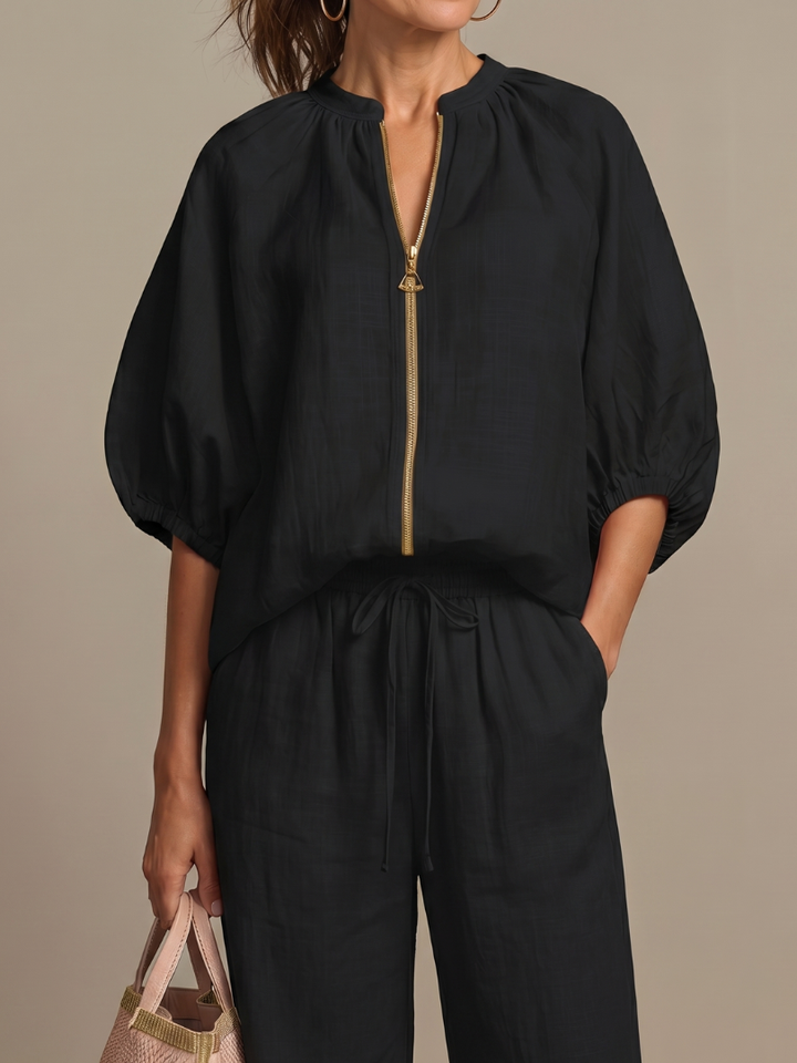 Natalia | Top Blouson con Zip Frontale e Pantaloni a Gamba Larga