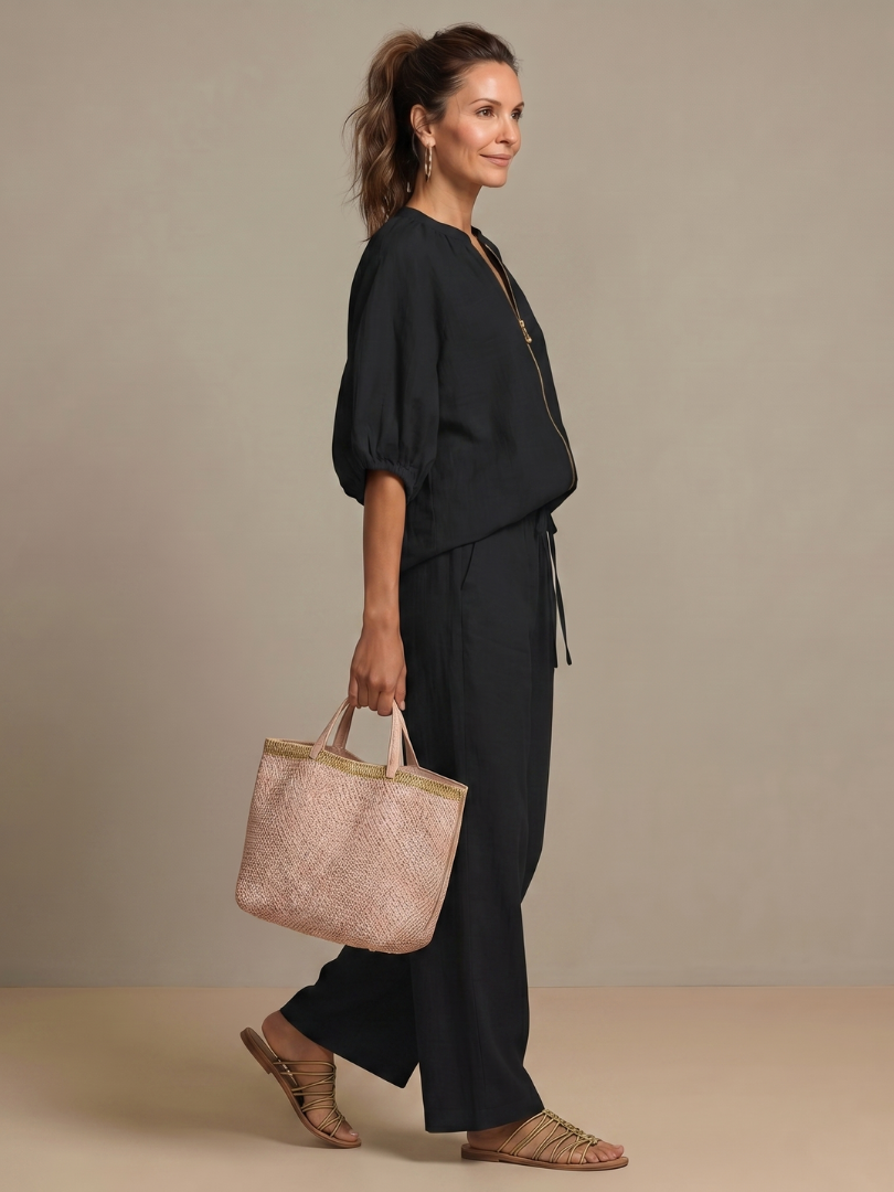 Natalia | Top Blouson con Zip Frontale e Pantaloni a Gamba Larga