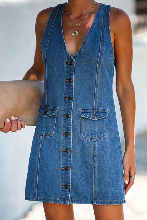 Robe en denim sans manches à encolure en V et boutons Margovil