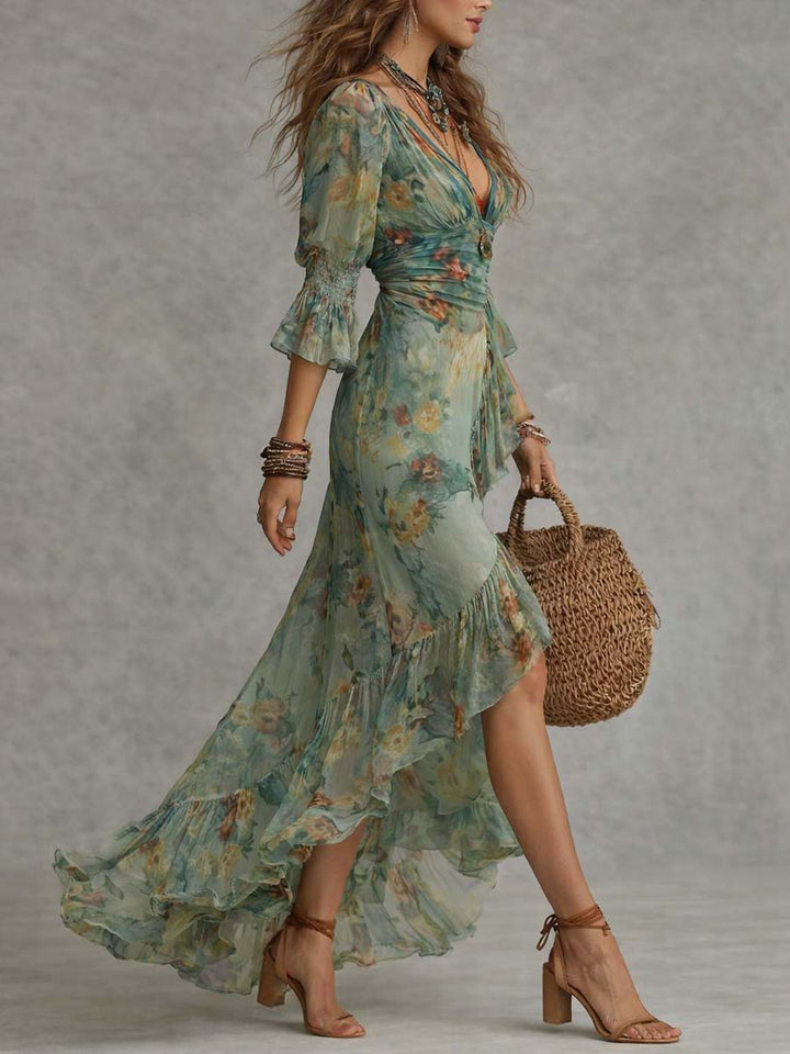 Aurora - longue robe boho à fleurs avec ourlet romantique et asymétrique
