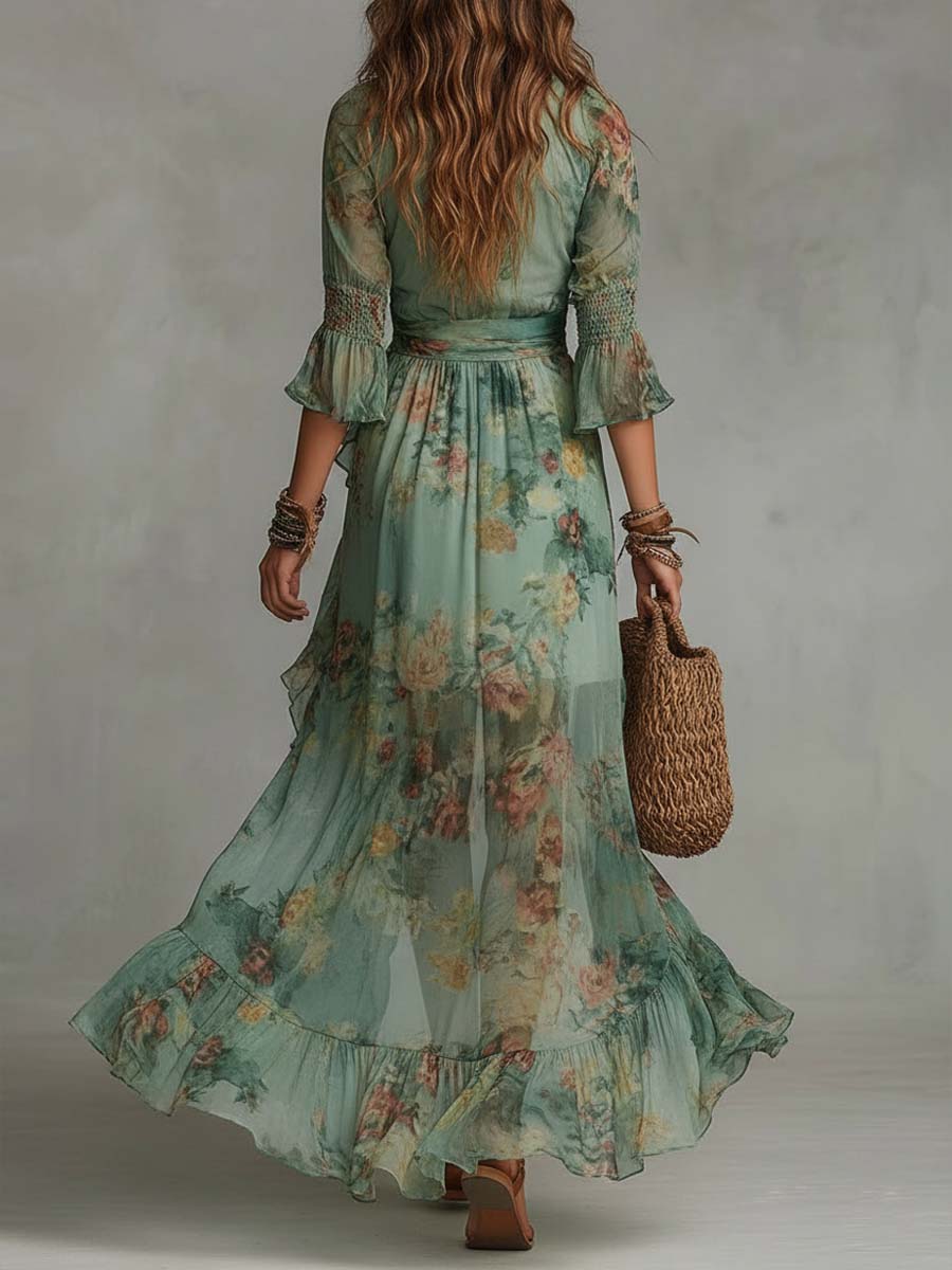 Aurora - longue robe boho à fleurs avec ourlet romantique et asymétrique