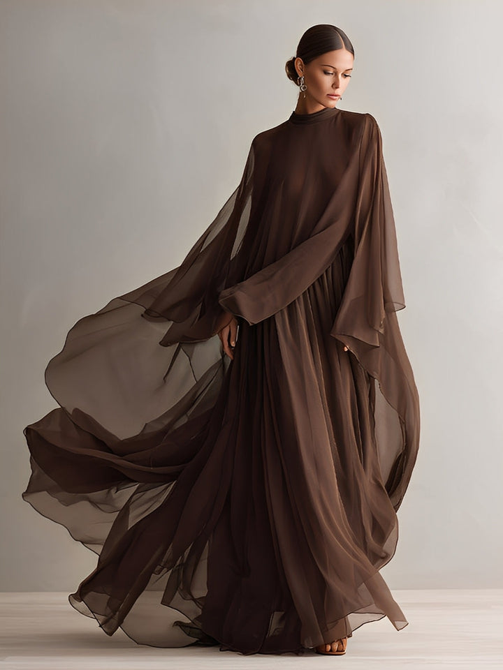 Robe en Chiffon Brun Riche pour Femmes avec Silhouette Maxi Flottante et Design de Cape, Style Élégant et Glamour Moderne