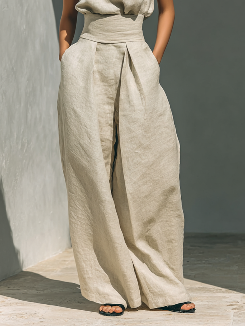 Ensemble composé d'un débardeur et d'un pantalon à jambes larges en mélange de coton et de lin.