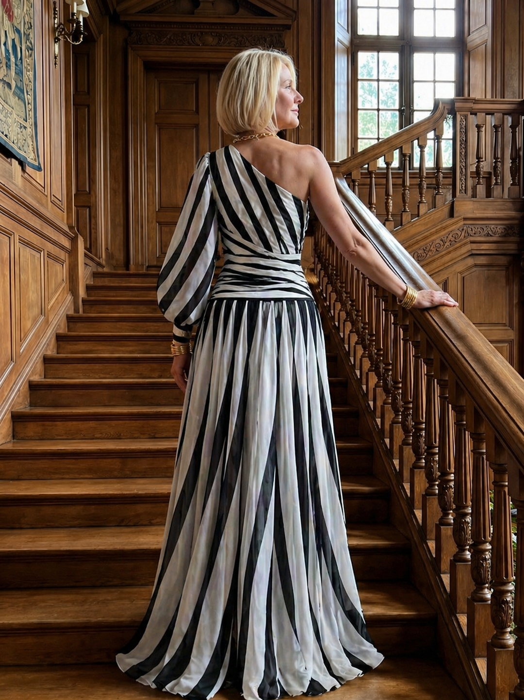Stella & Grace™ | Abito Maxi Elegante a Strisce con Spalla Scoperta