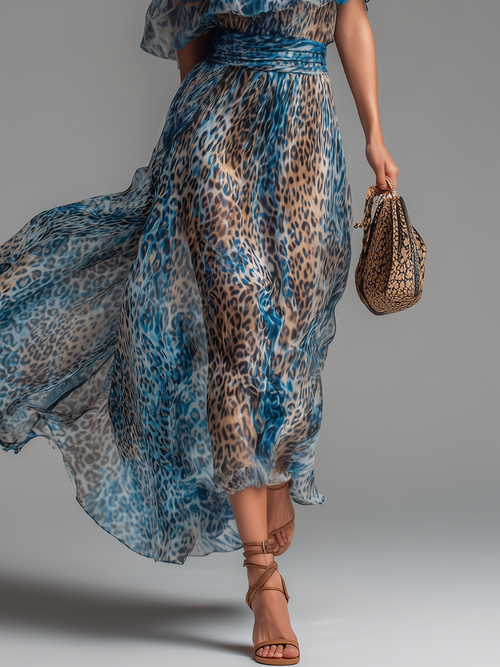 Selvaggia - Robe longue en chiffon avec imprimé léopard et épaules dénudées