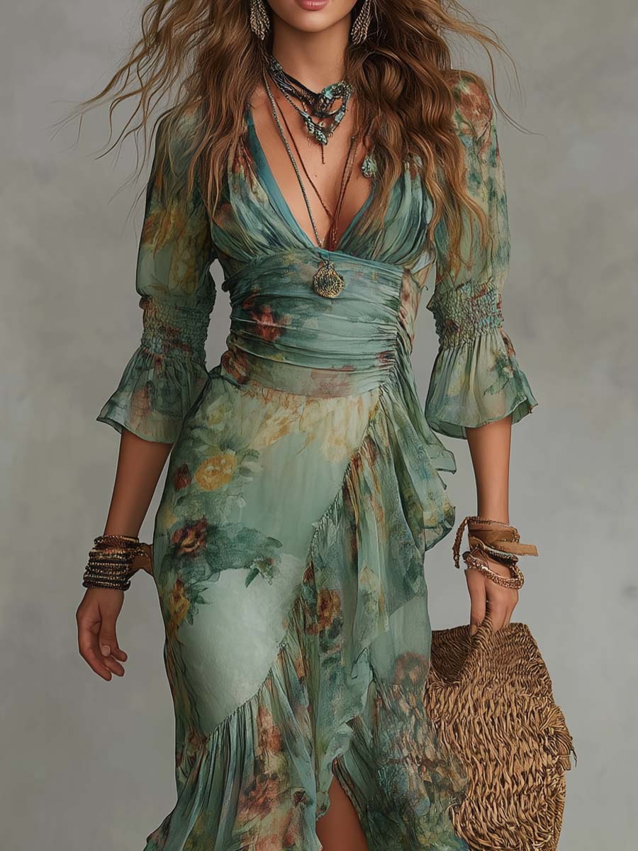 Aurora - longue robe boho à fleurs avec ourlet romantique et asymétrique