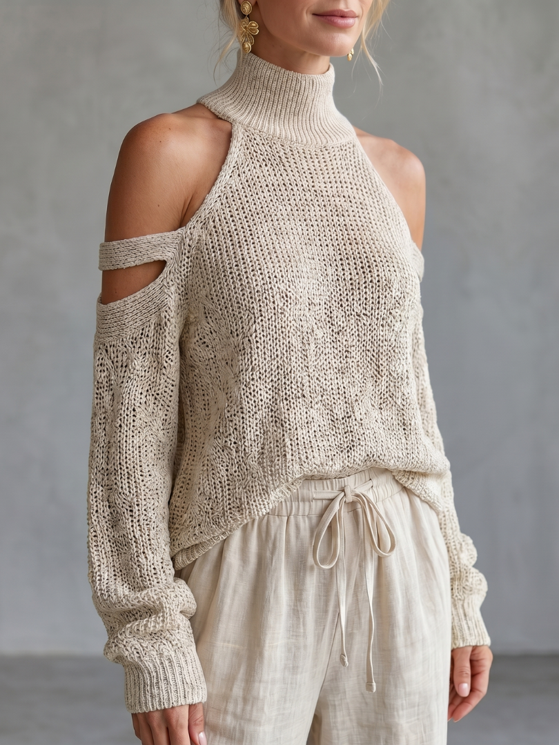 Questo | Top a Maglia con Spalle Scoperte e Set di Pantaloni a Gamba Larga