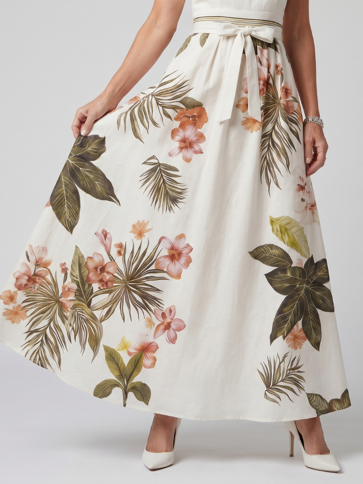 Meadow | Abito Maxi con Pannello Botanico e Scollo All'Americana