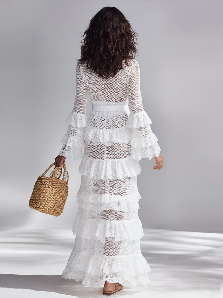 Cardigan au Crochet Blanc Brillant pour Femmes avec Décolleté en V Profond et Volants Superposés, Style Bohème-Chic Intemporel