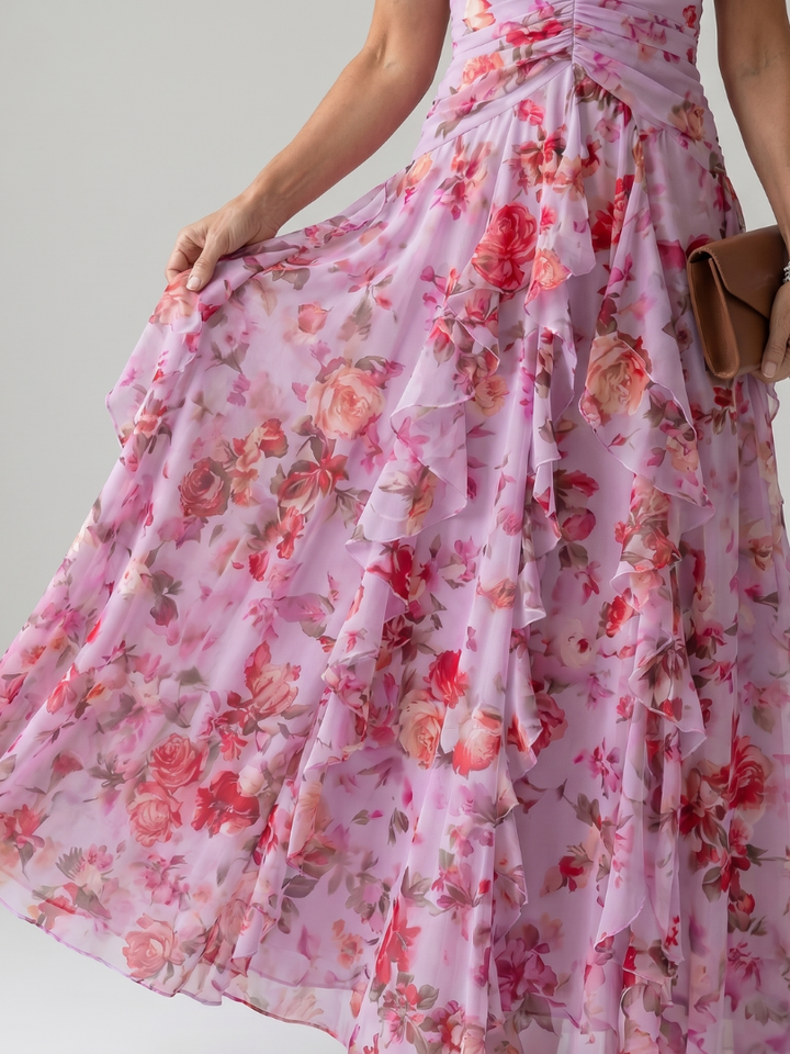 Nori | Vestito Maxi Floreale con Corpino Arricciato e Collo Halter
