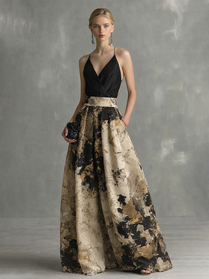 Robe Maxi Élégante Femme Noire Et Beige Imprimé Abstrait Décolleté En V À Bretelles
