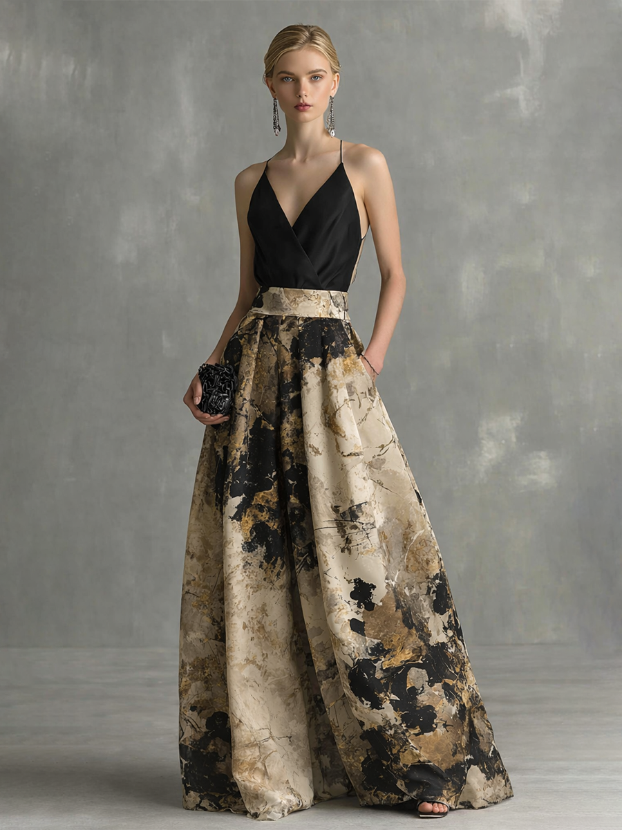 Robe Maxi Élégante Femme Noir et Beige Imprimé Abstrait Décolleté en V avec Bretelles
