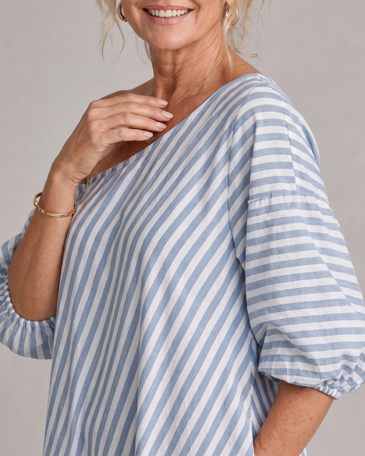 Zamrina | Abito Midi a Strisce con Maniche a Volant Off Shoulder