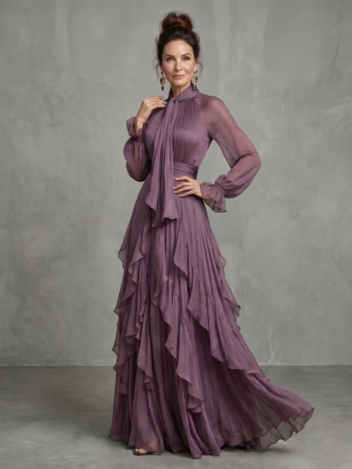 Demetria | Abito Maxi con Collo a Fiocco e Righe a Balze