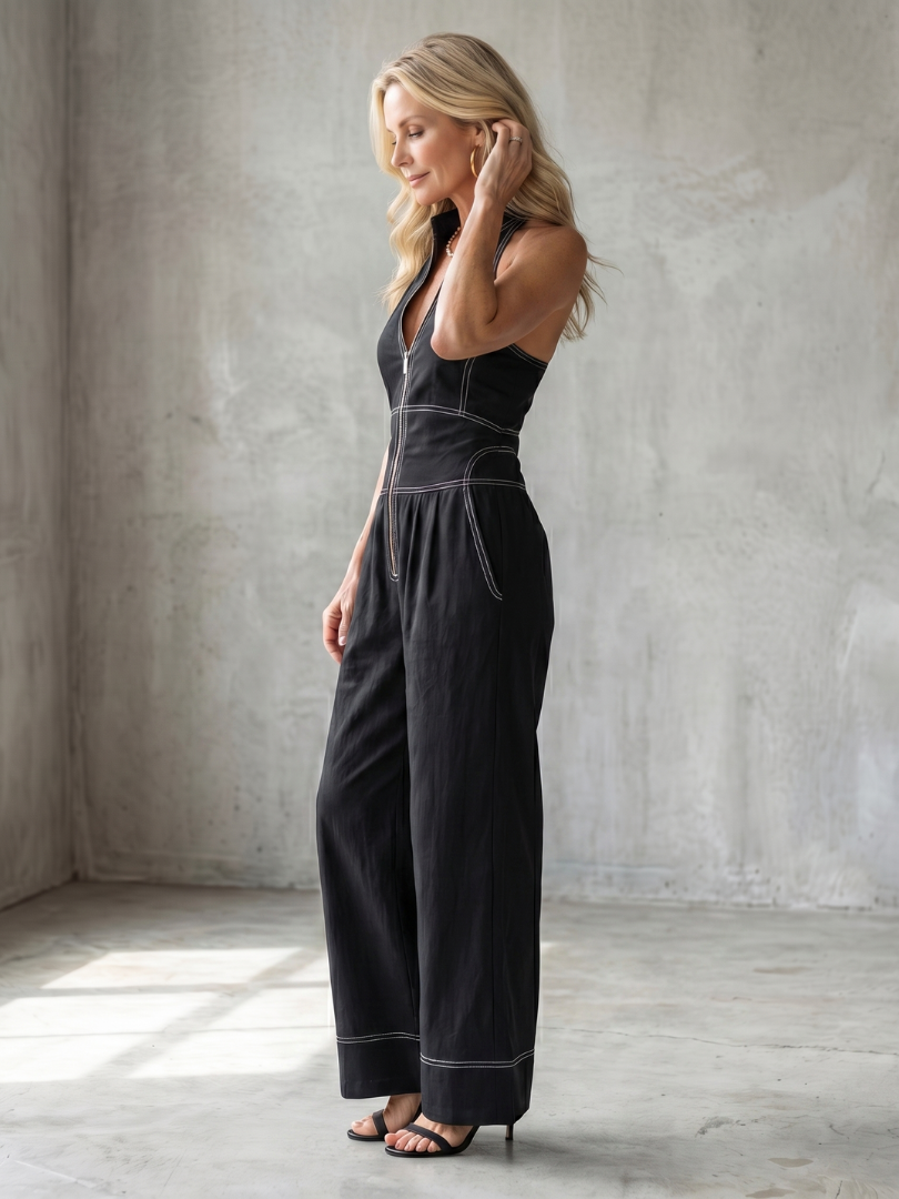 Dara | Salopette a Zip Front con Cuciture a Contrasto e Gamba Larga