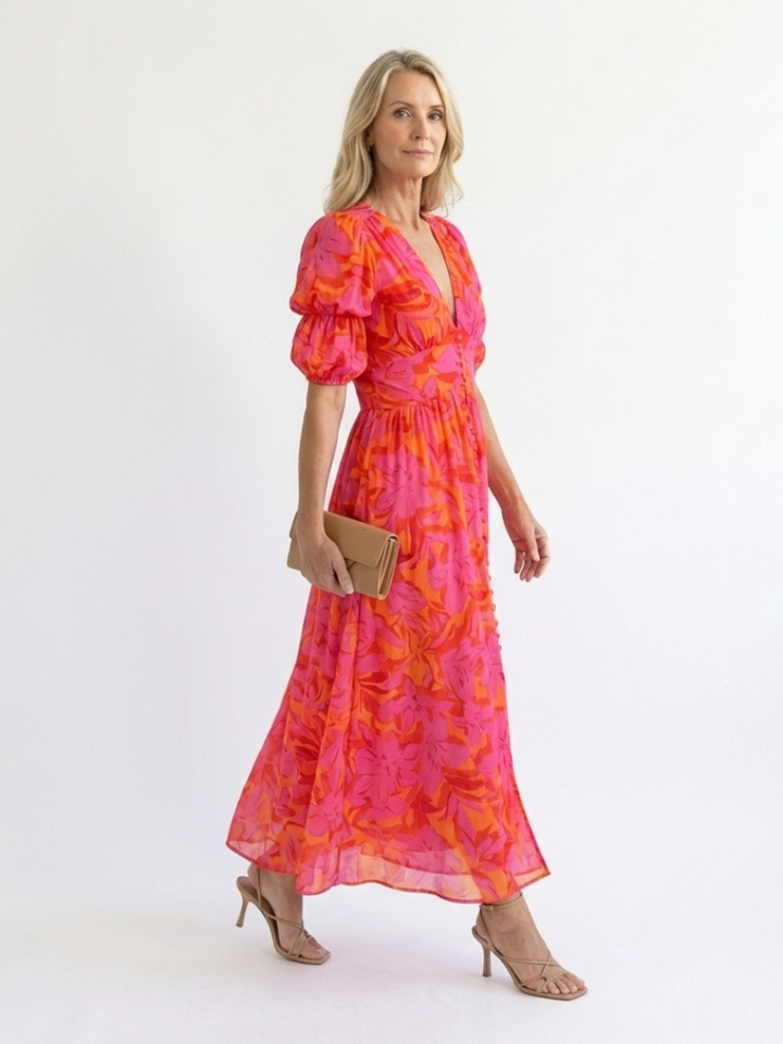 Stella & Grace™ | Abito Midi a Viscosa con Maniche a Palloncino e Motivo Floreale