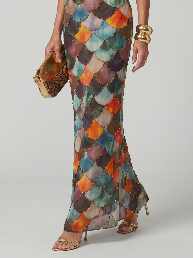 Larkin | Abito Maxi a Scaglie Multicolore Fitted