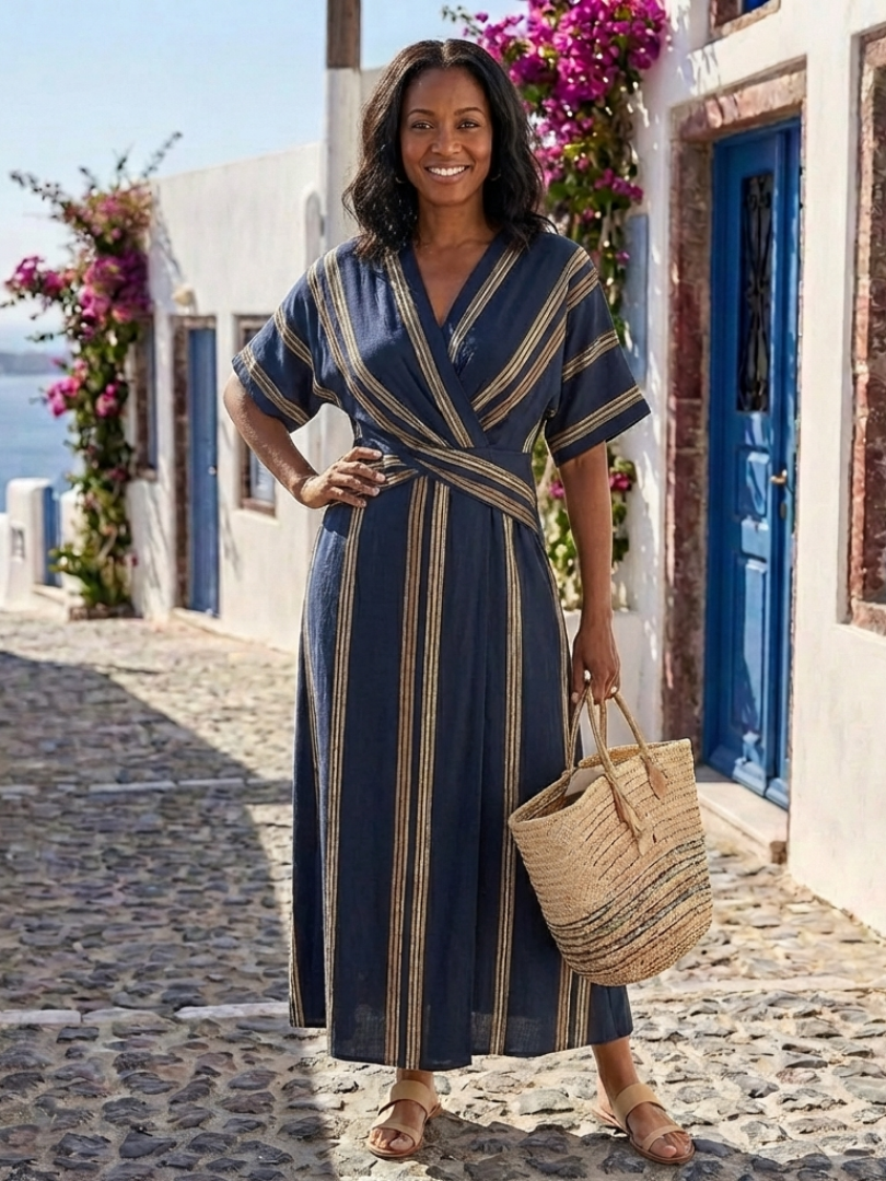 Saphira | Vestito midi a righe con scollo a V e maniche corte