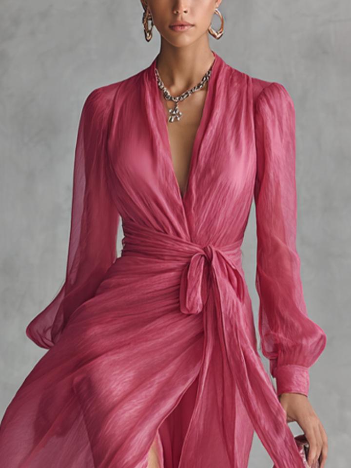 Robe Longue Élégante Femme en Chiffon Rose Poudré à Perles, Décolleté en V et Taille Liée