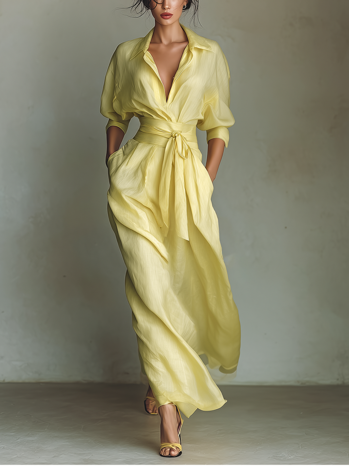 Robe Chemise Maxi Femme Jaune Citron En Coton Et Lin Avec Ceinture À Nouer & Manches Mi-Longues