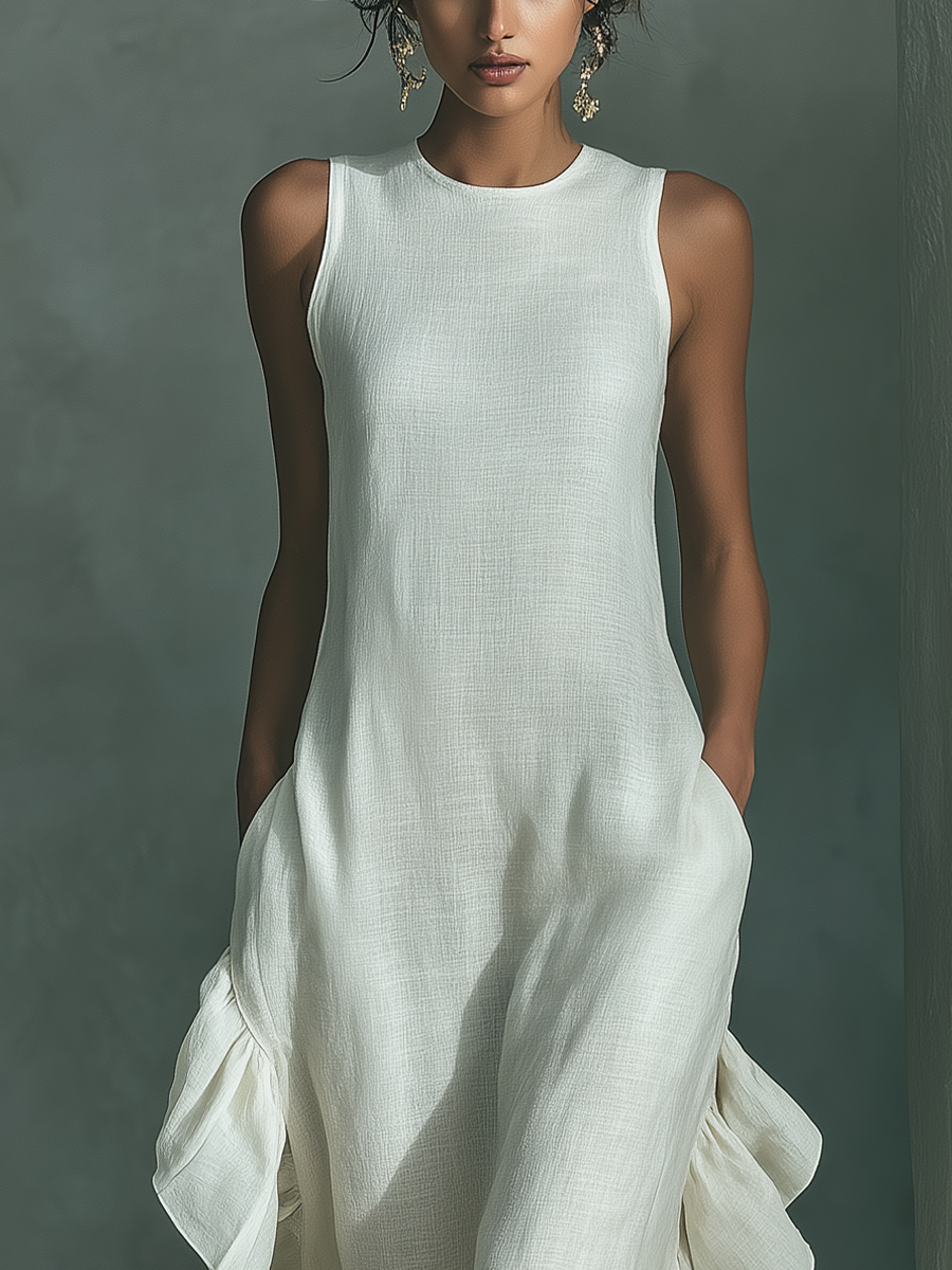 Robe Maxi sans Manches en Lin Ivoire pour Femme avec Col Rond et Ourlet Volant