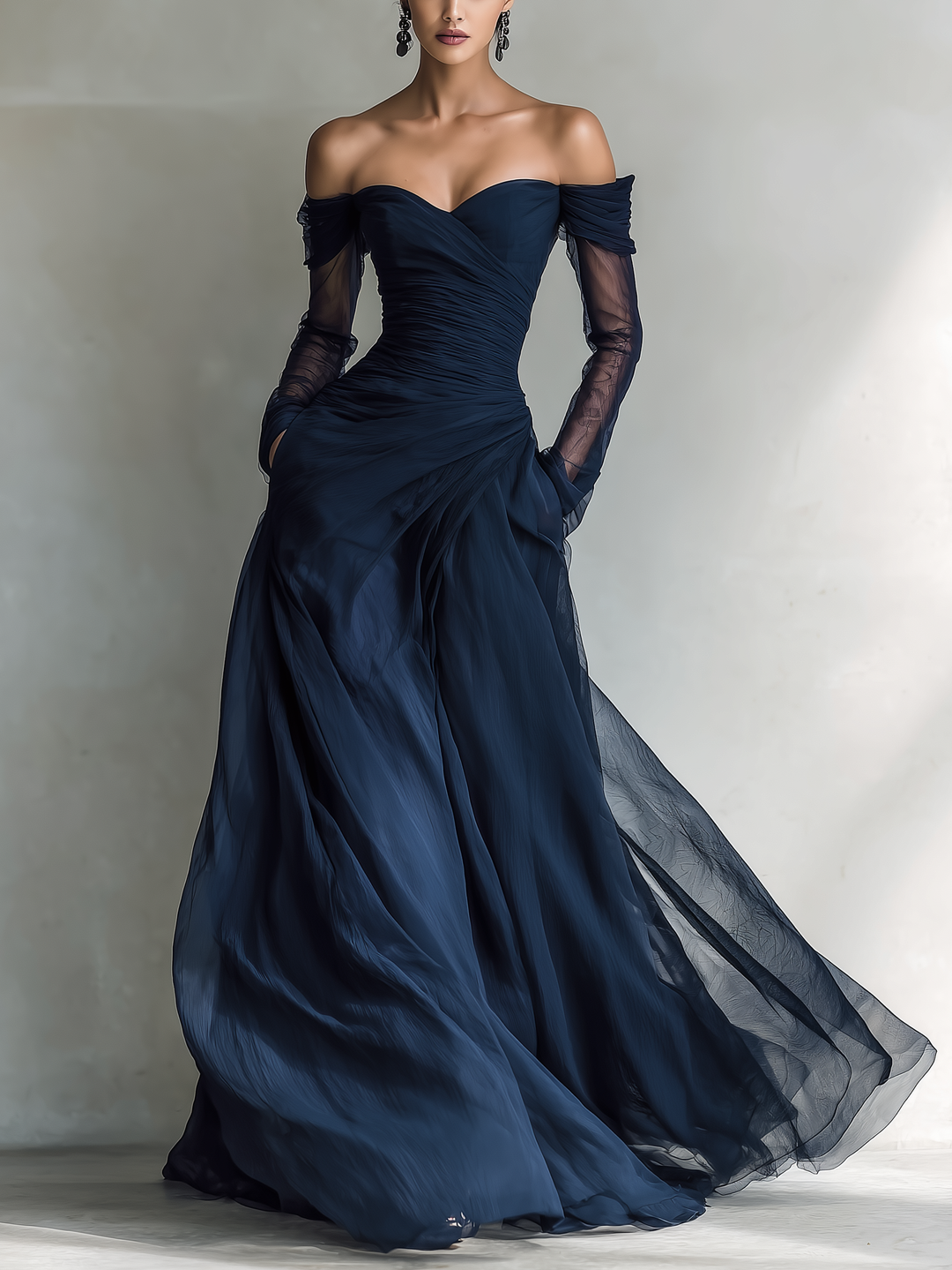 Robe Maxi Ajustée Élégante en Chiffon Organza Bleu Foncé à Manches Longues et Épaules Nues pour Femmes