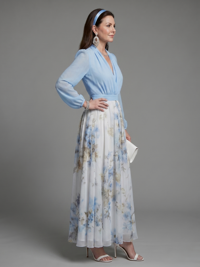 Augusta | Abito Maxi Floreale con Corpino Trasparente a V