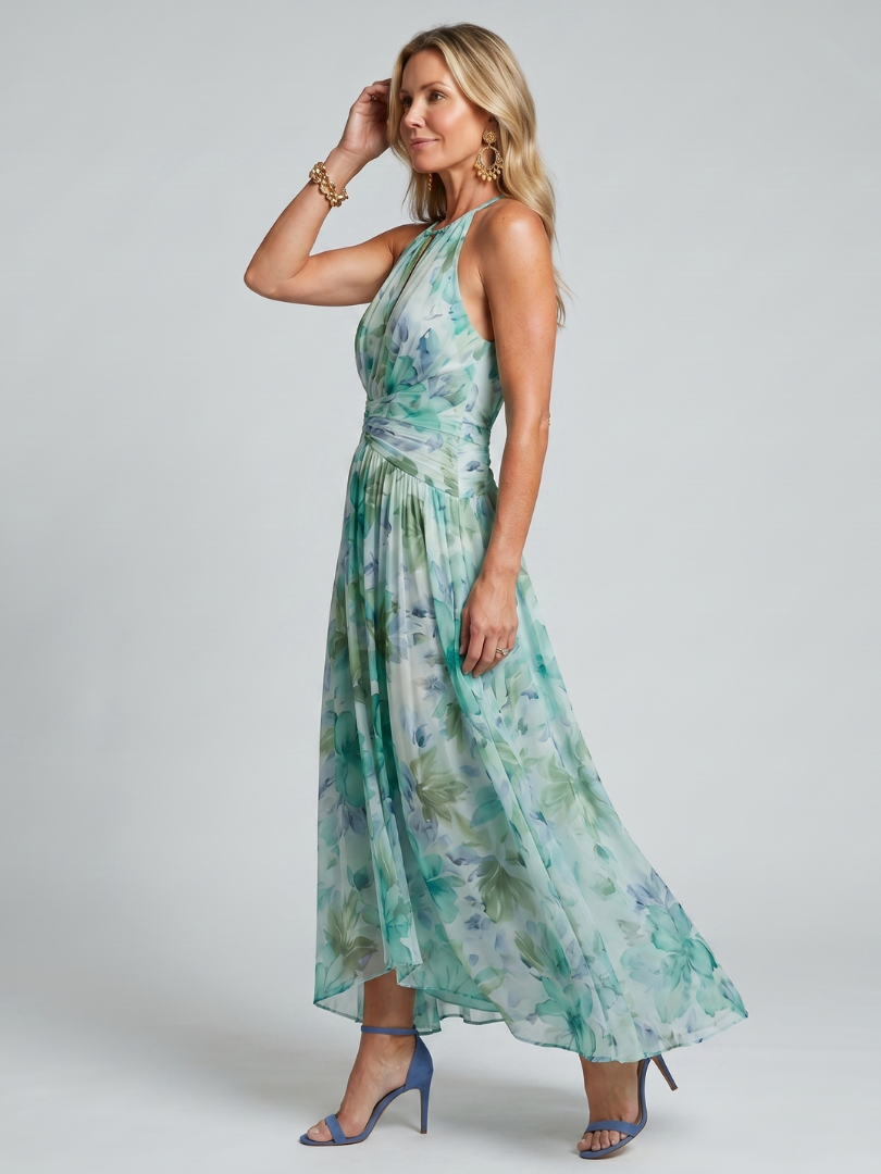 Portia | Vestito Midi a Pieghe con Scollo All'Americana e Motivo Floreale
