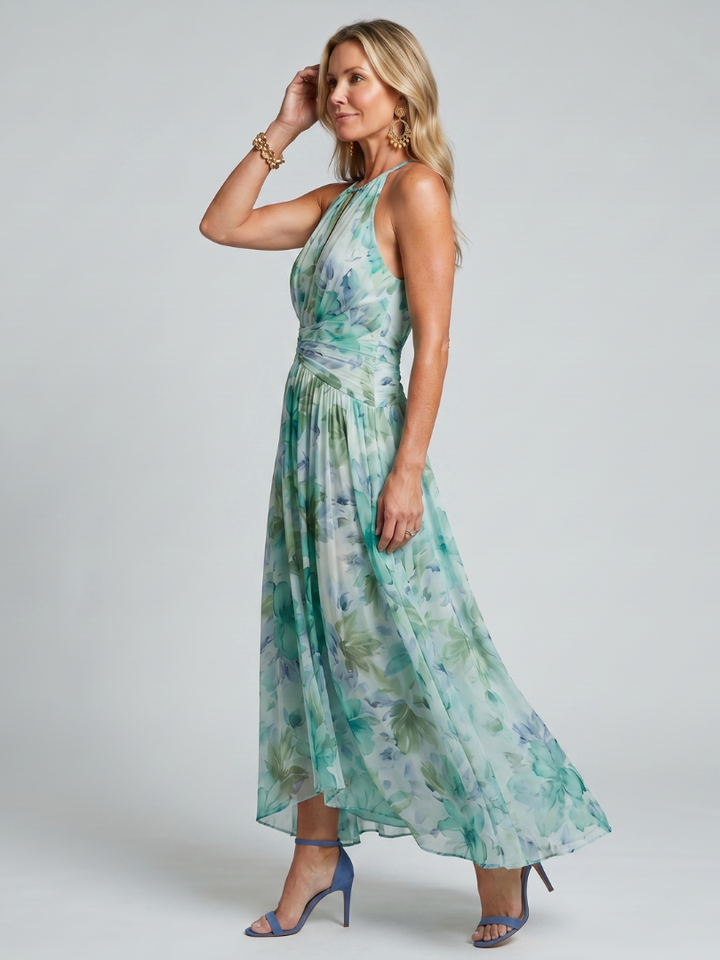 Portia | Vestito Midi a Pieghe con Scollo All'Americana e Motivo Floreale