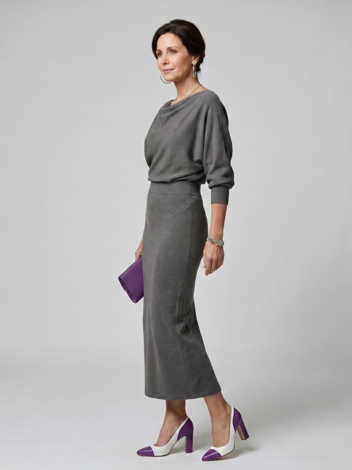 Romy | Abito midi aderente con scollatura drappeggiata