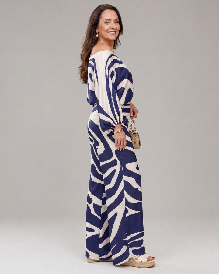 Sulaya | Top Off Shoulder con Stampa Astratta e Pantaloni a Gamba Larga