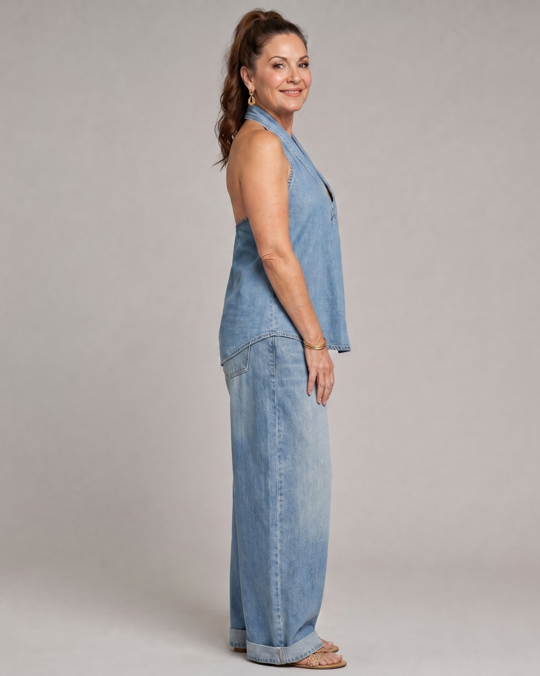 Zorelle | Top in Denim con Collo Halter e Pantaloni a Gamba Larga
