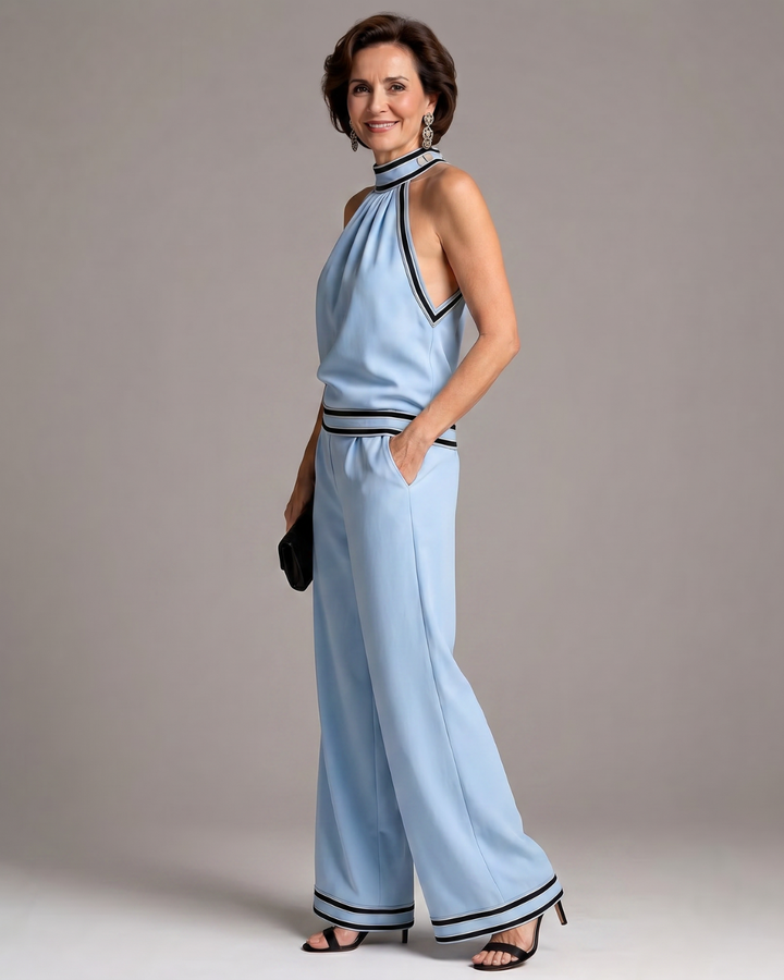 Zephyrine | Jumpsuit a gamba larga con scollatura a halter e dettagli a contrasto