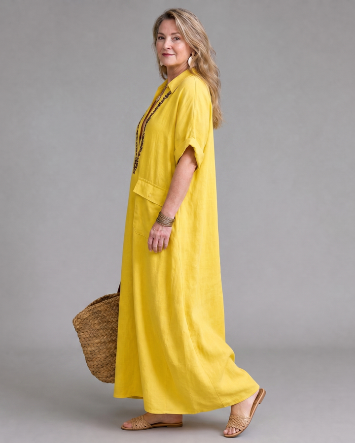 Elakeja | Vestito Midi Relaxed con Dettaglio Tasca e Collo a V Ricamato