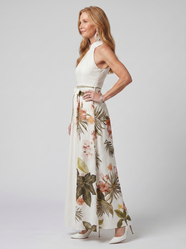Meadow | Abito Maxi con Pannello Botanico e Scollo All'Americana