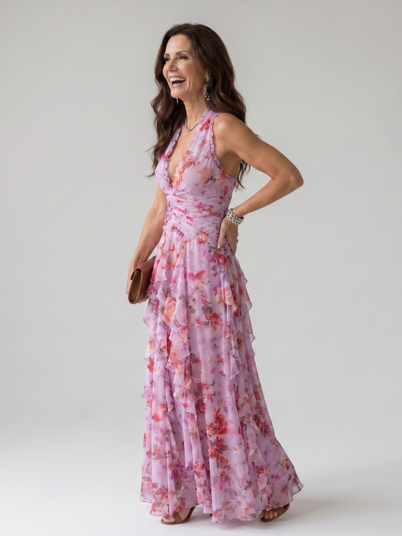Nori | Vestito Maxi Floreale con Corpino Arricciato e Collo Halter
