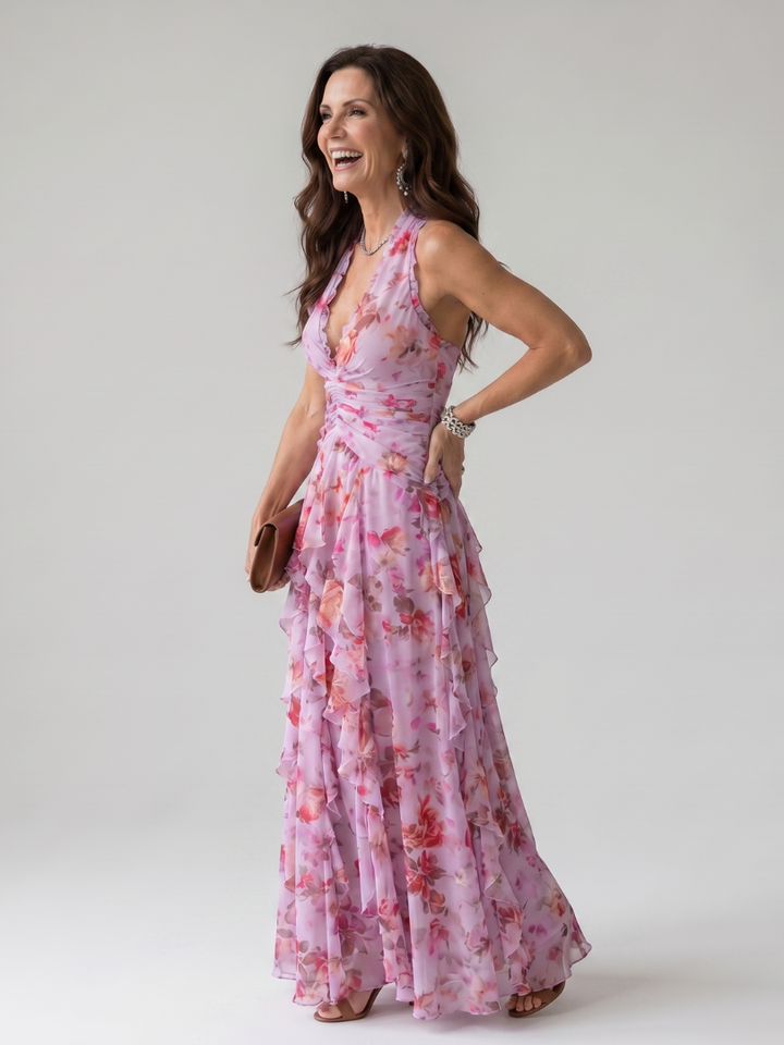 Nori | Vestito Maxi Floreale con Corpino Arricciato e Collo Halter