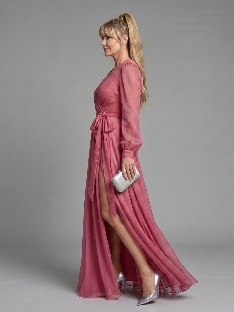 Meredith | Abito Maxi Fluttuante Trasparente a Maniche Lunghe