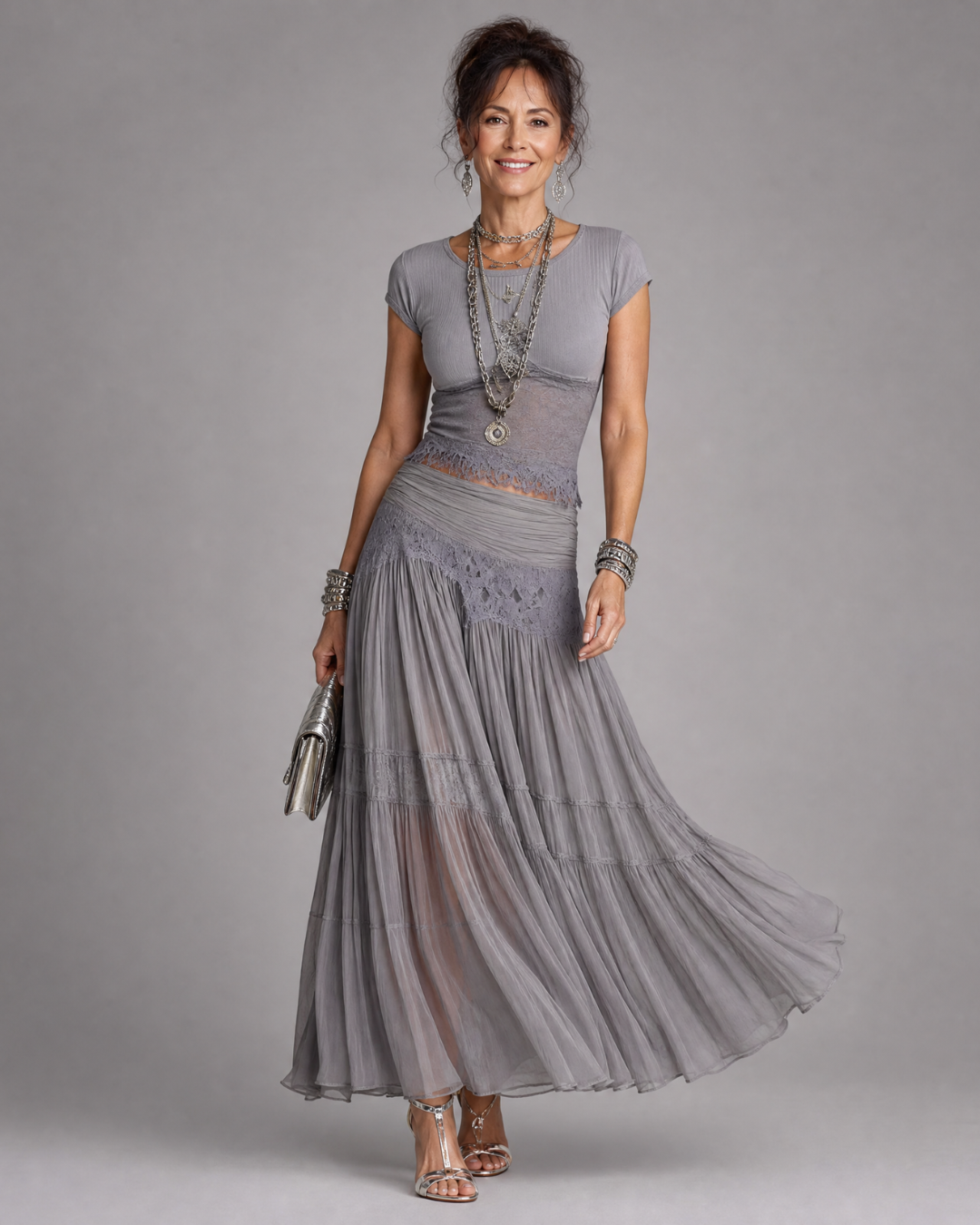 Virelune | Set Top Corto Drappeggiato e Gonna Maxi Plissettata