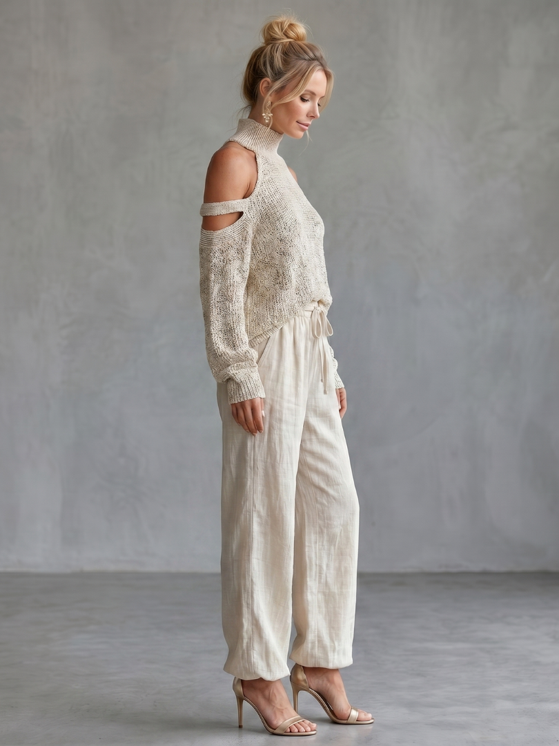 Questo | Top a Maglia con Spalle Scoperte e Set di Pantaloni a Gamba Larga