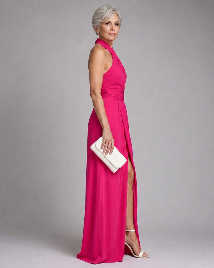 Vaelora | Abito Midi con Halter Incrociato e Spacco Laterale