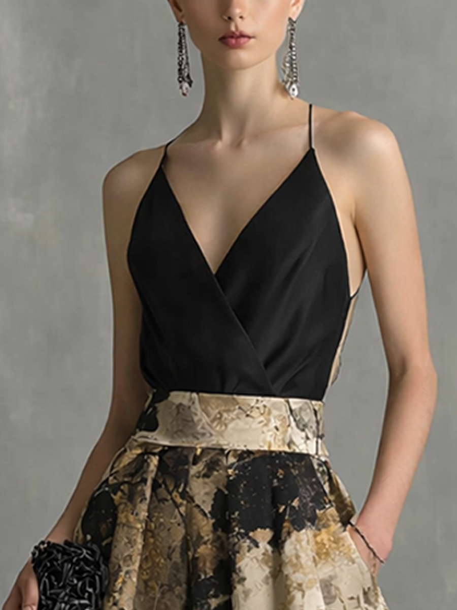 Robe Maxi Élégante Femme Noire Et Beige Imprimé Abstrait Décolleté En V À Bretelles