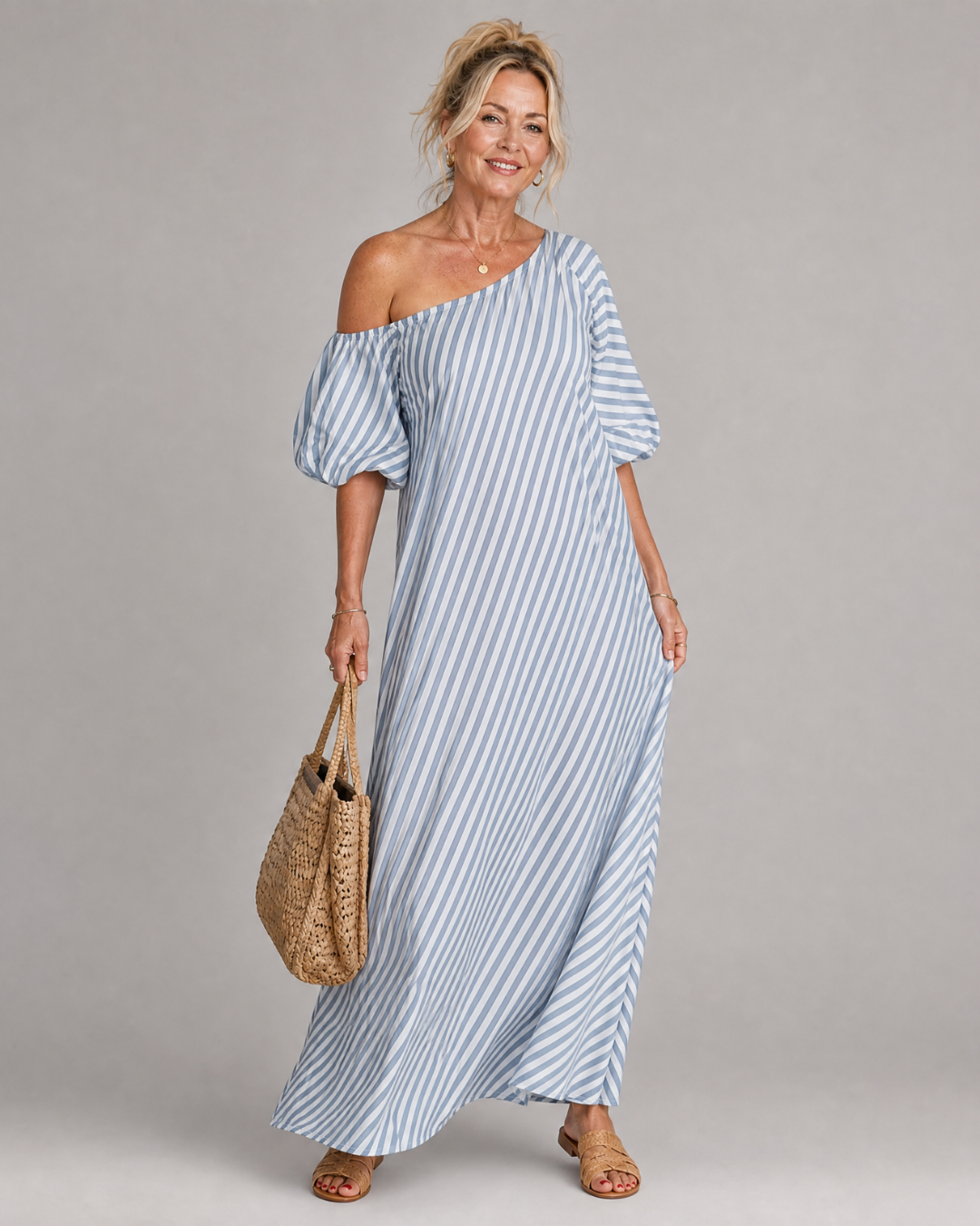Zamrina | Abito Midi a Strisce con Maniche a Volant Off Shoulder