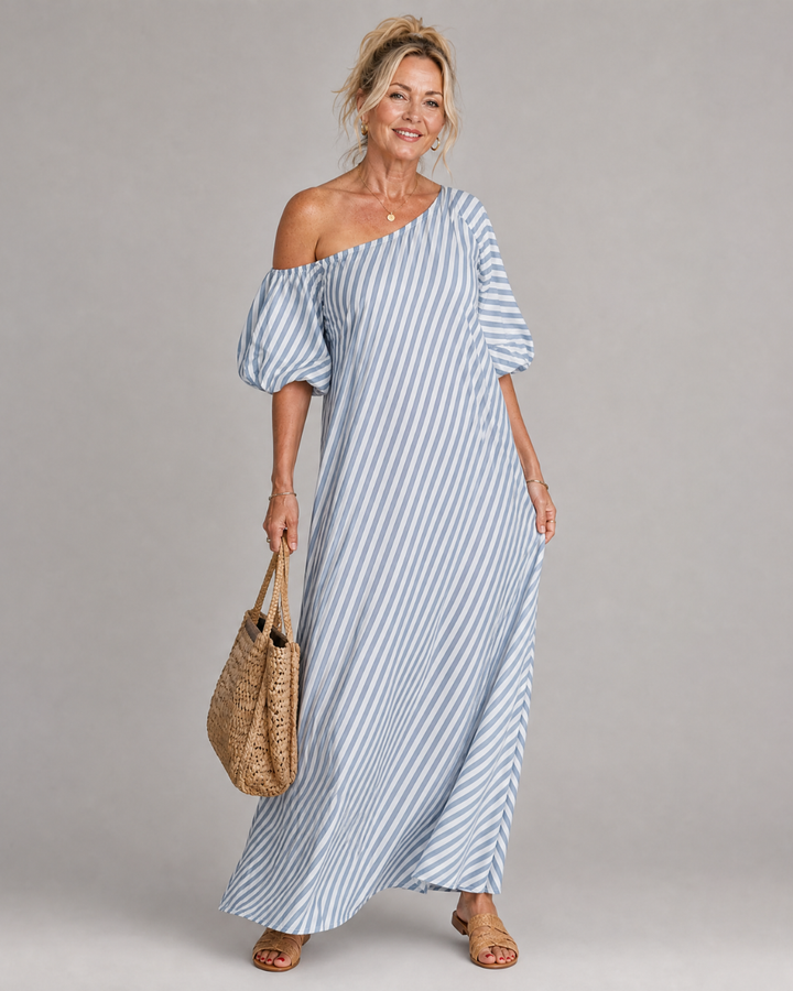 Zamrina | Abito Midi a Strisce con Maniche a Volant Off Shoulder