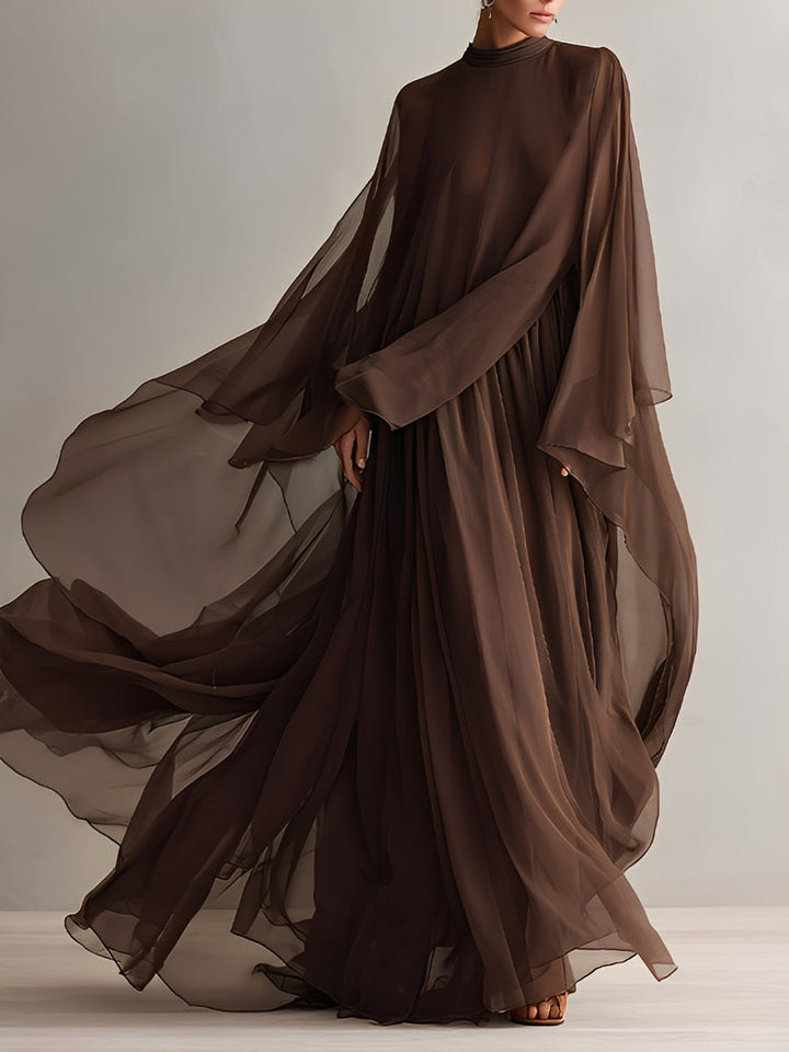 Robe en Chiffon Brun Riche pour Femmes avec Silhouette Maxi Flottante et Design de Cape, Style Élégant et Glamour Moderne